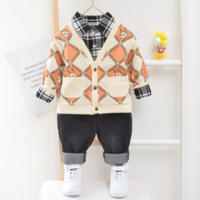 童装男宝宝套装运动方块针织衫三件套装6个月到4周岁婴儿绅士衣服