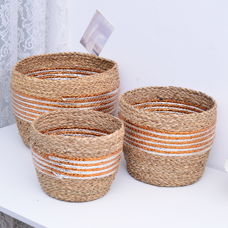 北欧蒲草编织款手提杂物收纳筐棉绳编织菜篮子家居衣服收纳筐