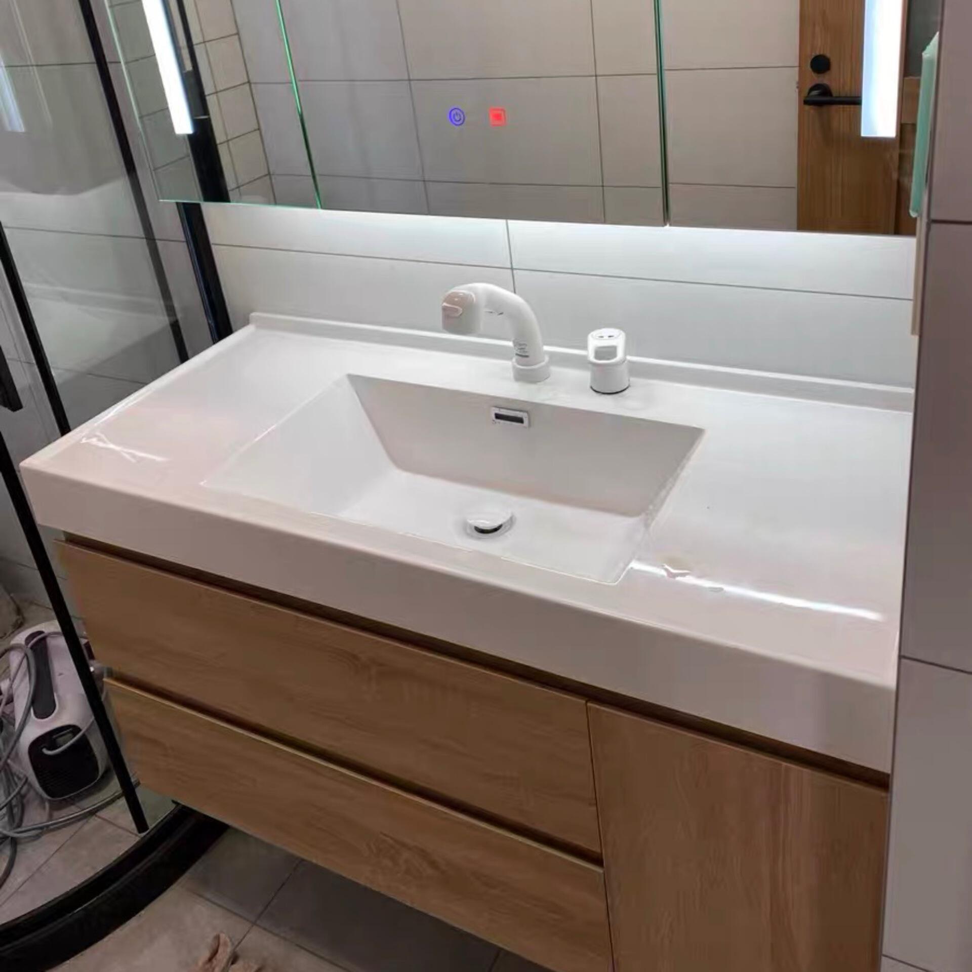 新四面挡水洗脸池日式轻奢现代洗漱台一体盆实木浴室柜简约卫浴柜