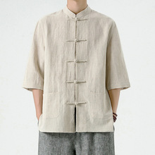 中国风男装亚麻衬衫中式唐装棉麻男士七分袖衬衣夏季复古立领上衣