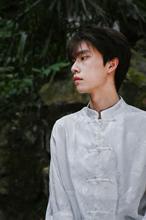 T新中式男装国风暗纹立领白色衬衫马面裙上衣搭配改良汉服唐装男