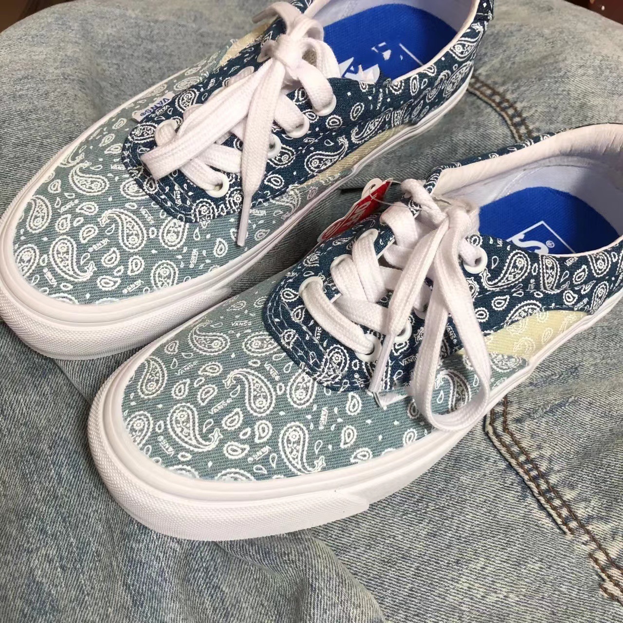莆田版万斯authentic蓝色腰果花2022新款经典休闲男女情侣帆布鞋