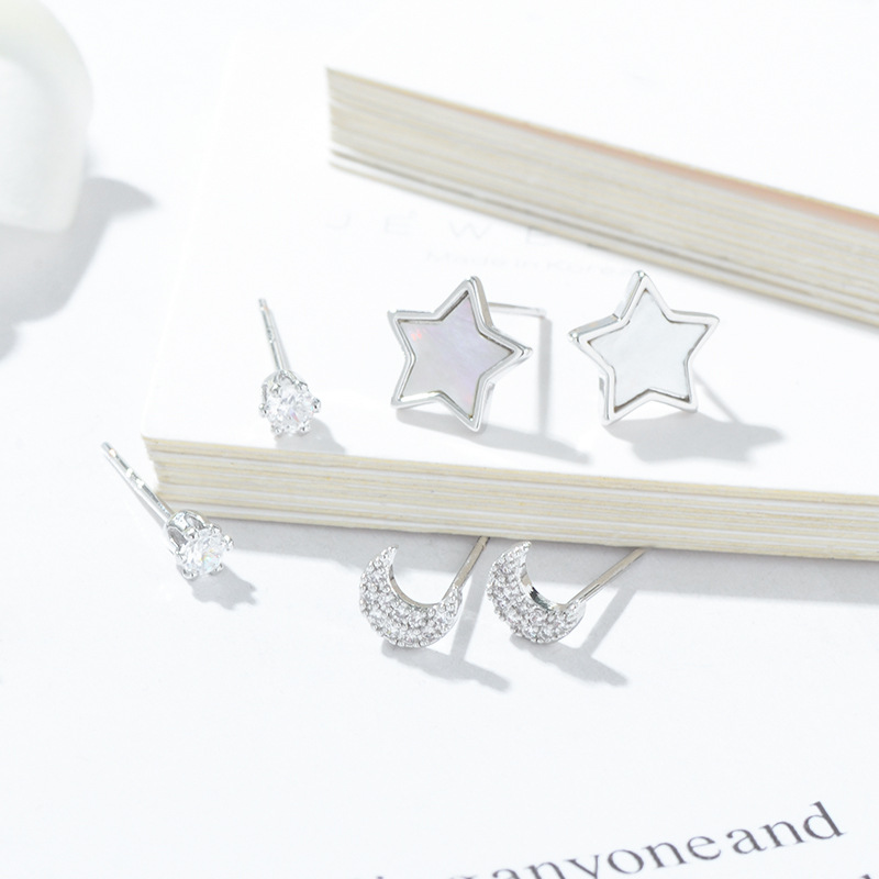 Sterling Silver Needle Micro Inlaid Zircon Moon Three-Piece Earrings Small Personality One Card Three Pairs Combination Earrings Earrings for Women