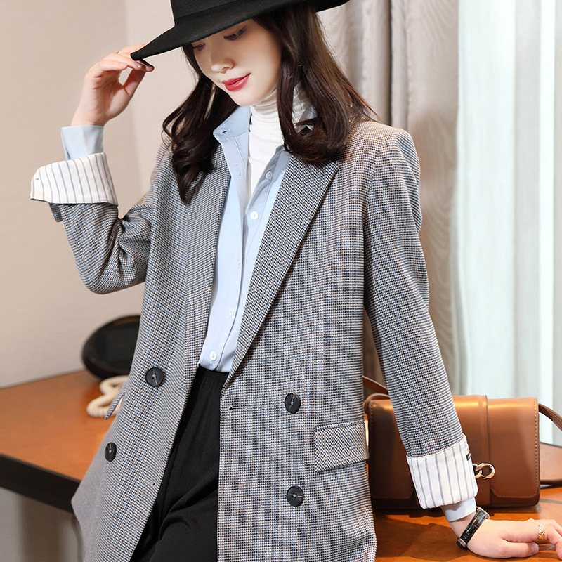 灰色千鸟格西装外套女春秋2021新款韩版英伦风网红炸街小西服上衣