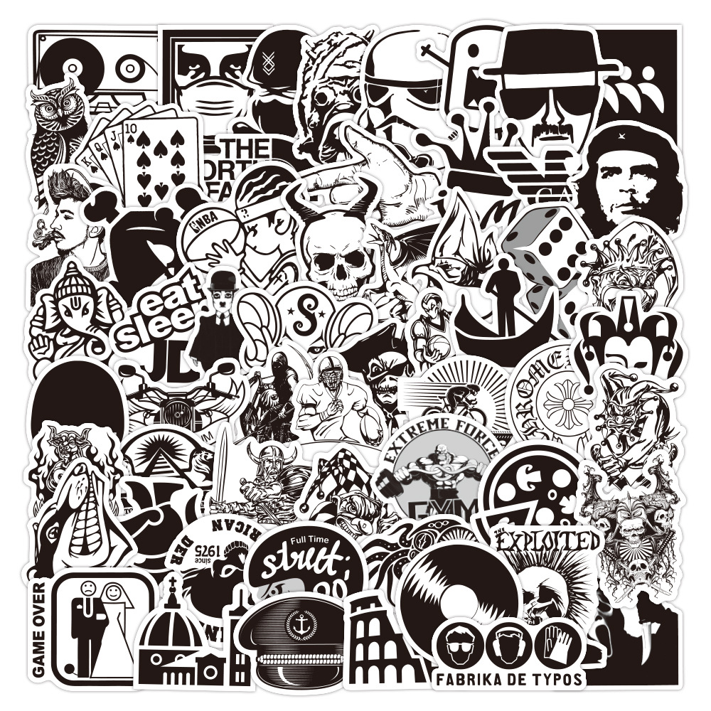 60张新款不重复欧美风黑白涂鸦贴纸防水行李箱笔记本滑板贴纸批发
