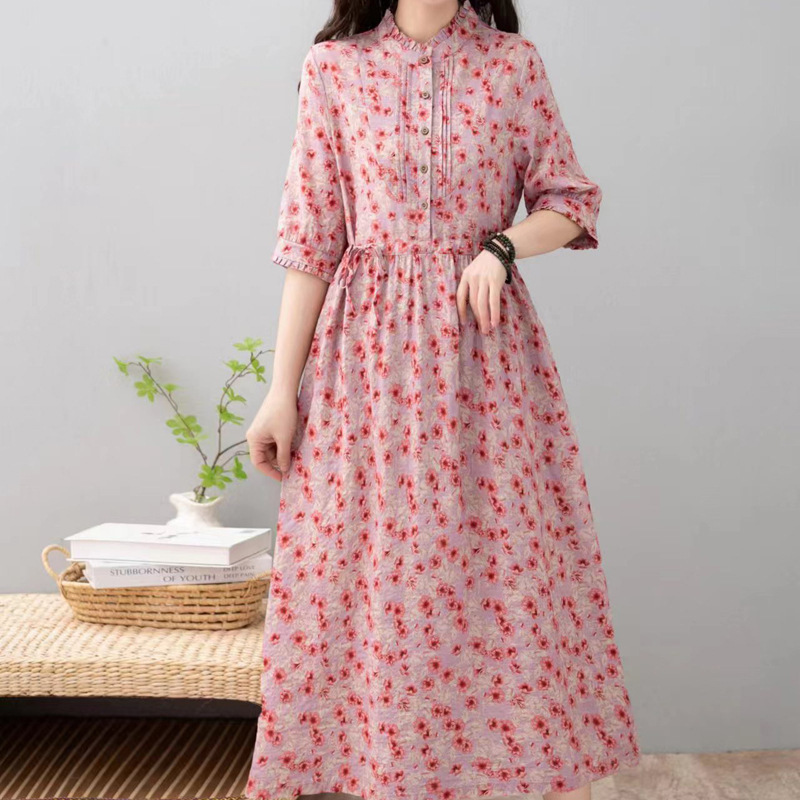 2024夏季竹节棉麻混纺中袖长袍宽松印花女士文艺碎花连衣裙-阿里巴巴