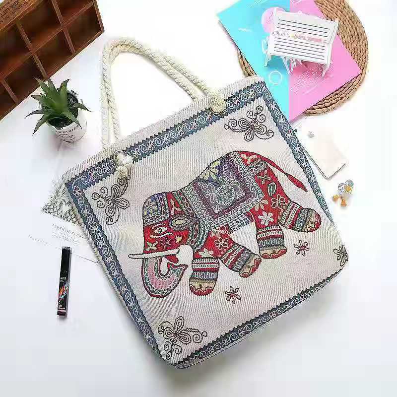 Double-Sided Ethnic Embroidery Thick Rope Bag Women's Live Embroidery Peacock Elephant Canvas Bag Large Capacity Stall Shoulder Bag