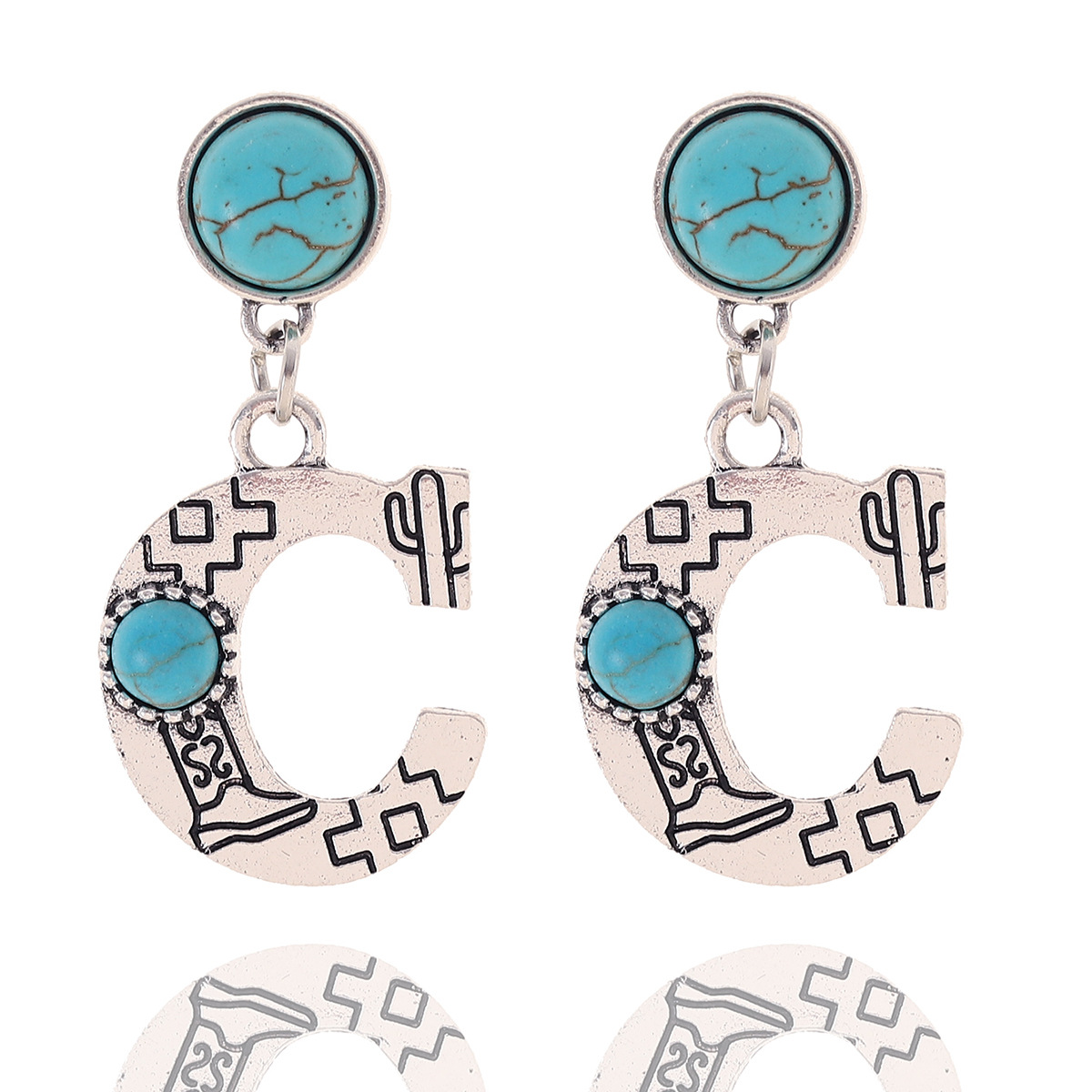 Western Denim Style Sunflower Cactus Zinc Alloy Natural Turquoise Earrings Ear Studs English Letters Cross-Border