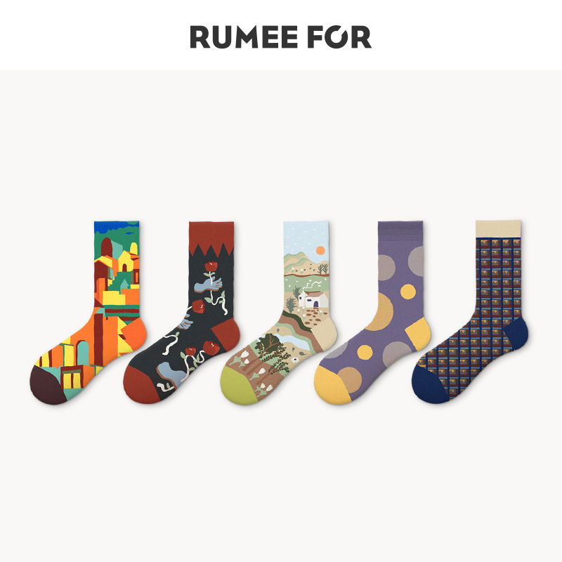 French Oil Painting Socks Men's Middle Tube Socks Women's Ins Trendy European and American Street Creativity Abstract Retro Couple Long Socks Spring and Summer