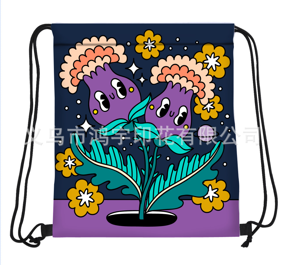 New Waterproof Drawstring Backpack Cartoon Plant Flower Oxford Cloth Foldable Opening Restricted Storage Backpack Bag