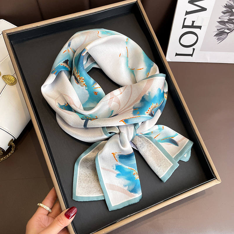 Spring and Summer National Style Lotus Double-Layer High-Grade Mulberry Silk Silk Scarf Ribbon Female Neck Scarf Double-Sided Two-Color