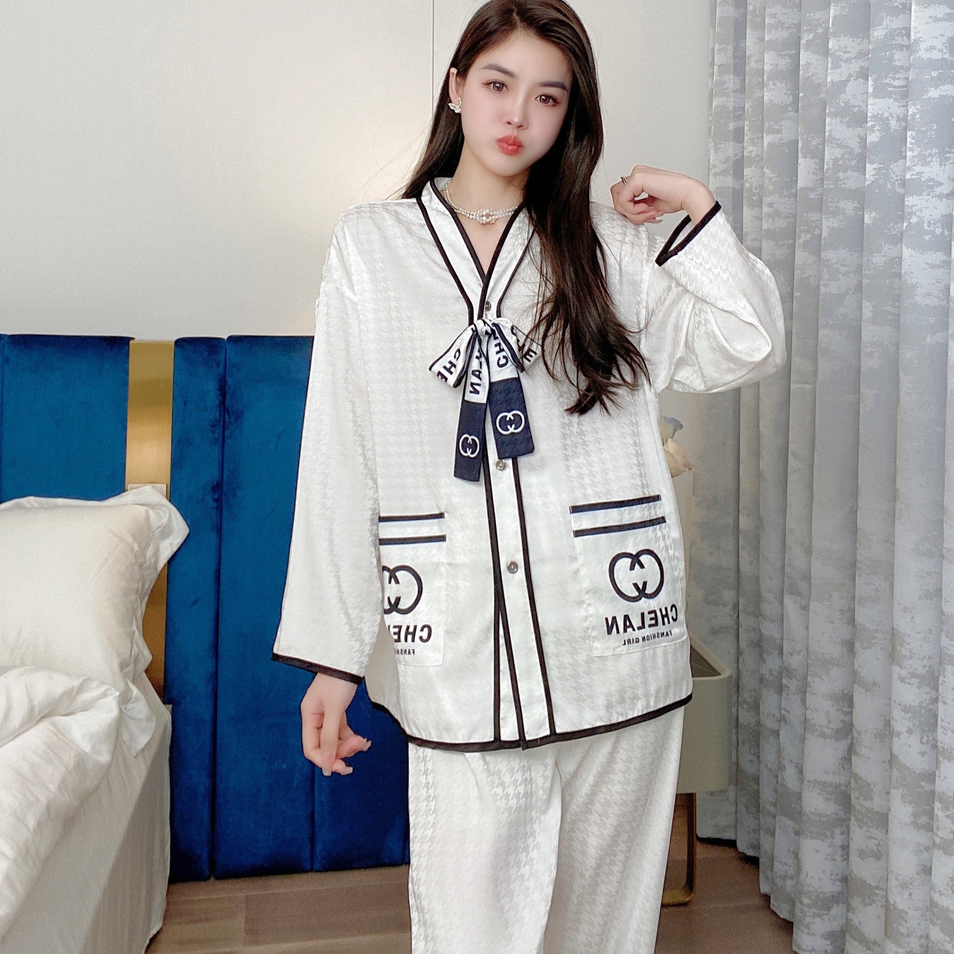 睡衣女冰雪丝提花小香风家居服套装可外穿小清新直播爆款厂家代发