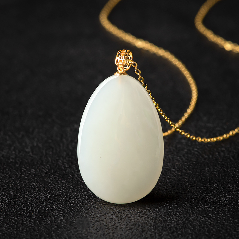 天然老料和田白玉无事牌吊坠正品18k镶嵌金玉石挂件项链男女款