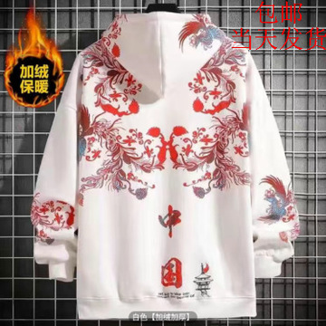潮牌国潮爆款中国风凤凰印花连帽卫衣男设计感加绒加厚长袖卫衣