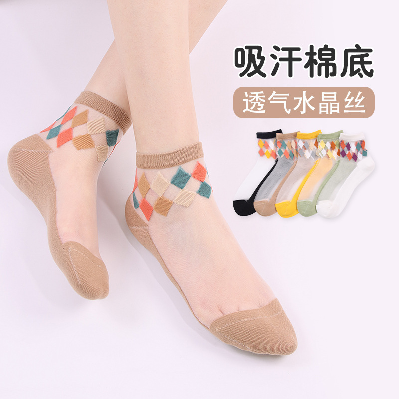 Women's Socks Spring and Summer New Casual Diamond Flower Spun Glass Female Middle Tube Socks Boneless Hand Sewing Crystal Silk Women's Socks