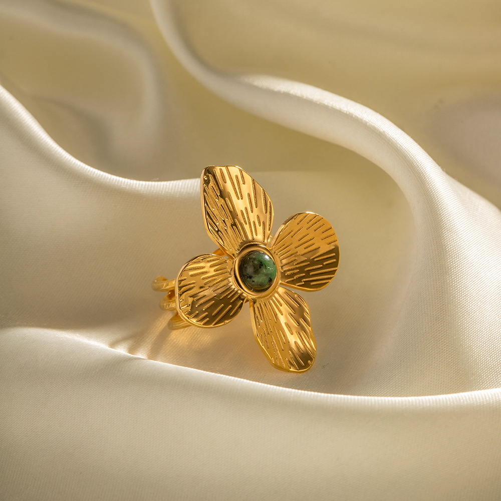 French Royal Style Dull Four-Petal Flower Exaggerated Inlaid African Turquoise Open Ring Advanced Design Combination