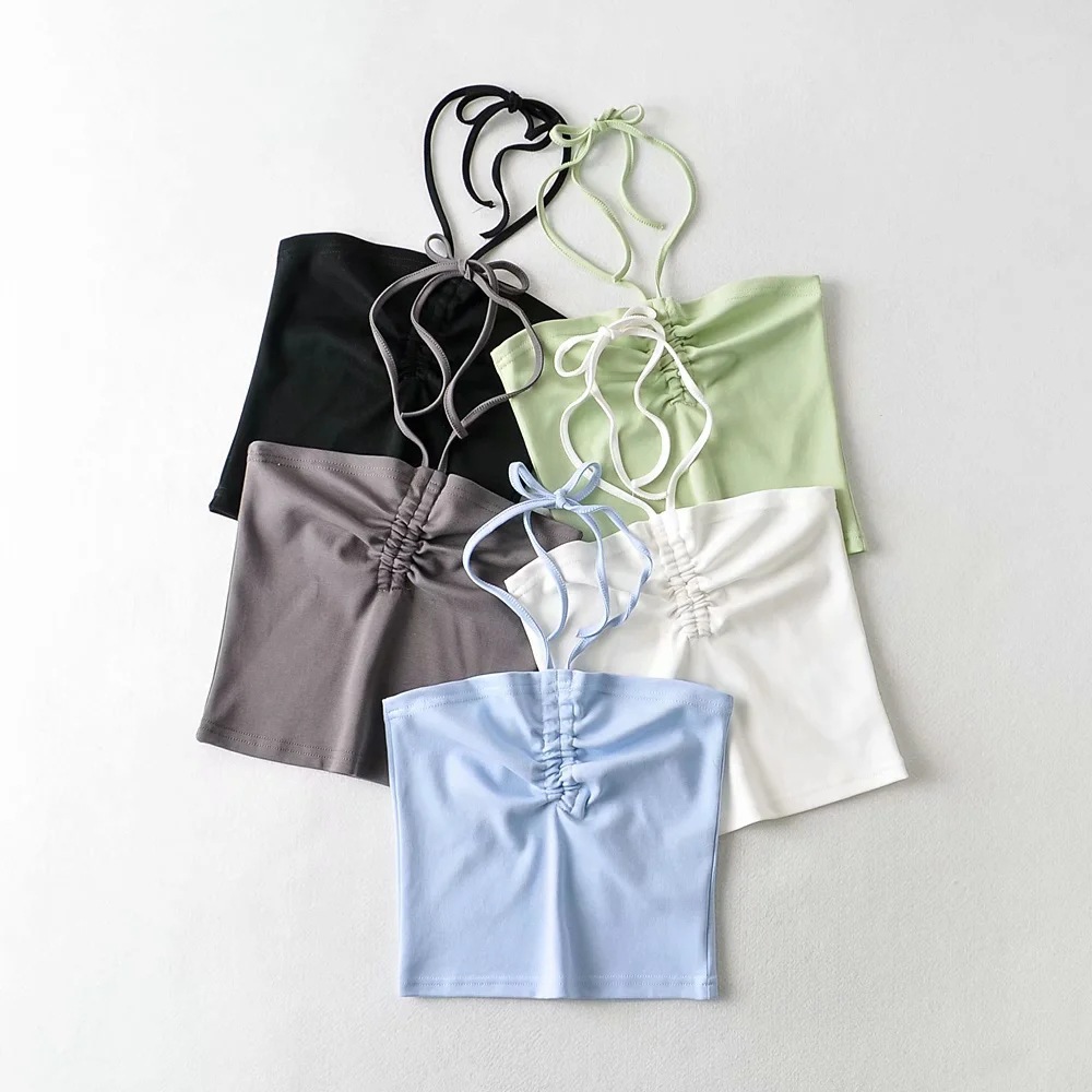 d296-2024夏季韩版修身款平口一字肩裹胸挂脖系带背心 吊带上衣女