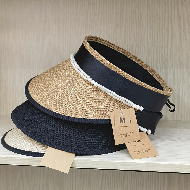 春夏日本款珍珠装饰麻辨材质小香风女休闲日搭防晒沙滩时装草帽子