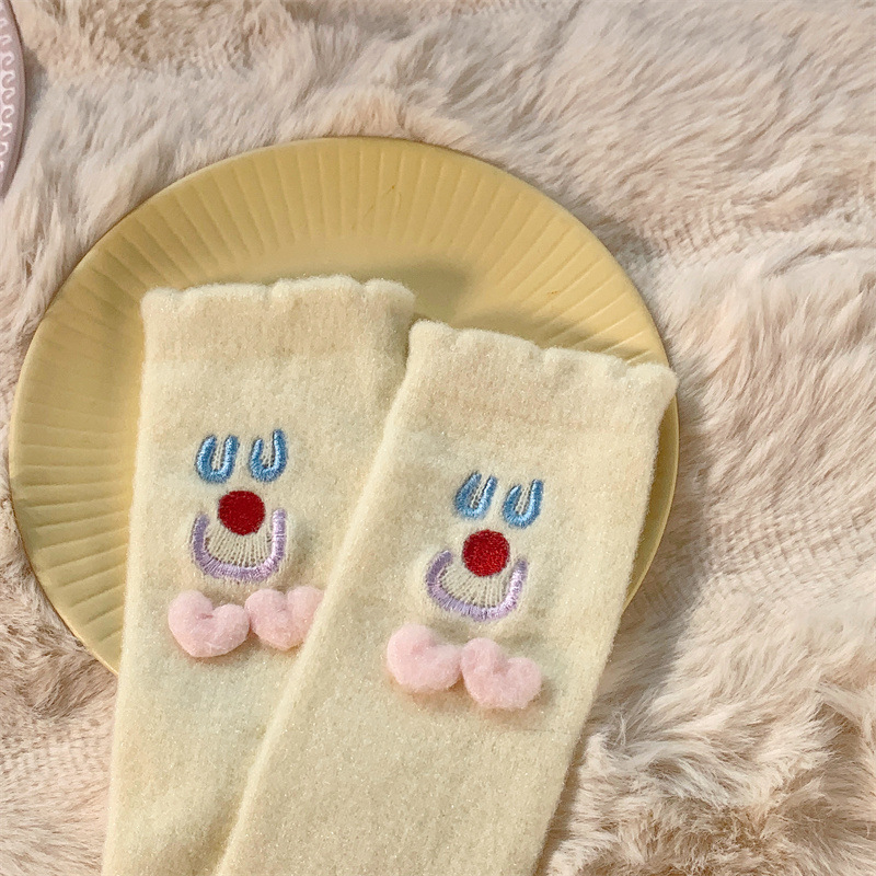 Autumn and Winter Two Children Tube Socks Crystal Yarn Three-Dimensional Smiling Face Room Socks Cute Japanese Style Home Sleeping Socks