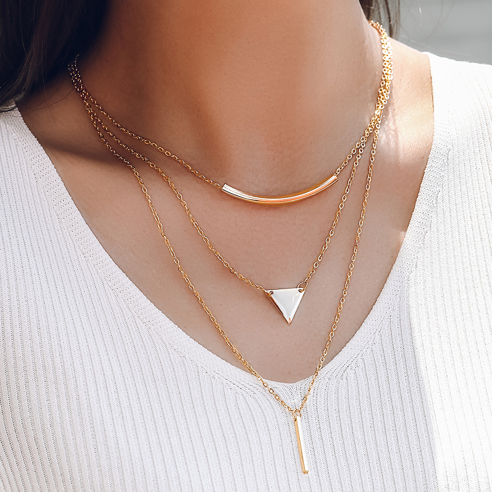 Europe and America Cross Border Aliexpress New Necklace Fashionable Golden Triangle Geometric 3 Layers Necklace Neck Accessories Factory Direct Sales