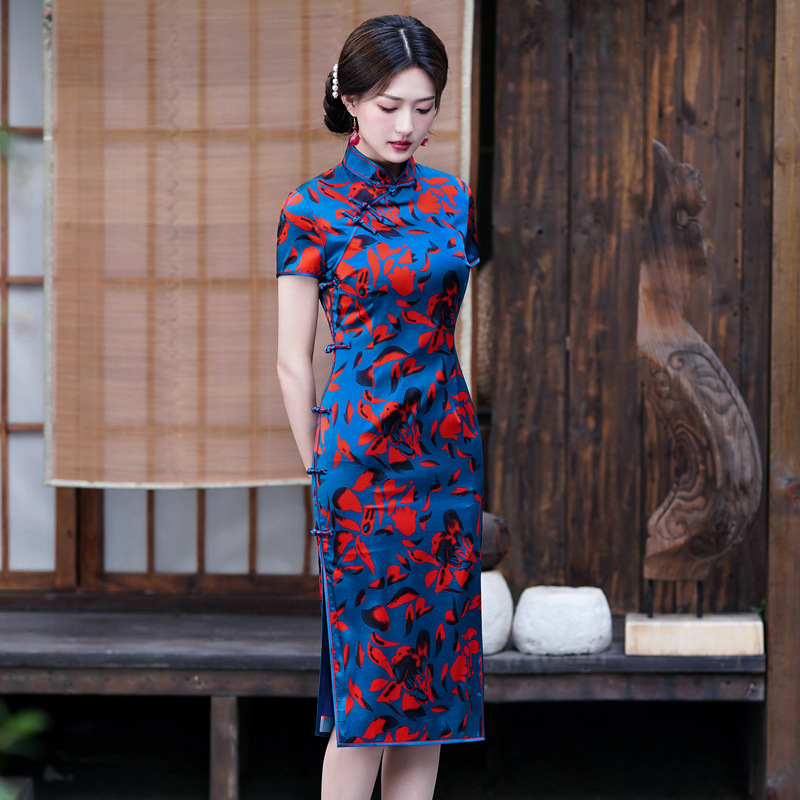 苏州真丝旗袍桑蚕丝旗袍女妈妈喜婆婆结婚鞋新娘蓝中长款短袖批发
