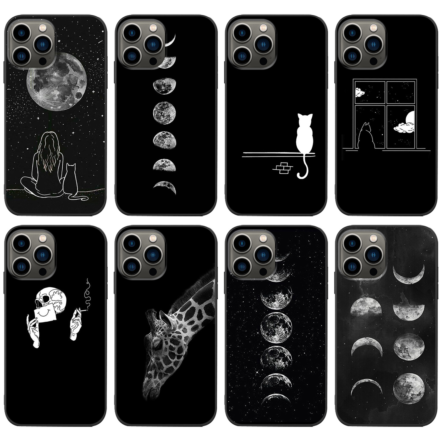 适用iphone15手机壳外贸新款宇航员猫咪星空月亮宇宙黑色系手机壳