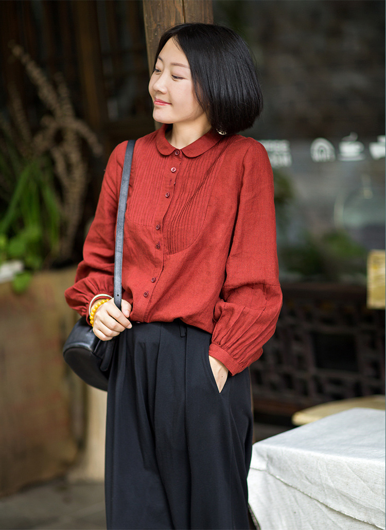 2021秋冬新款 文艺棉麻女装14支铁锈红宽松亚麻衬衫长袖上衣女