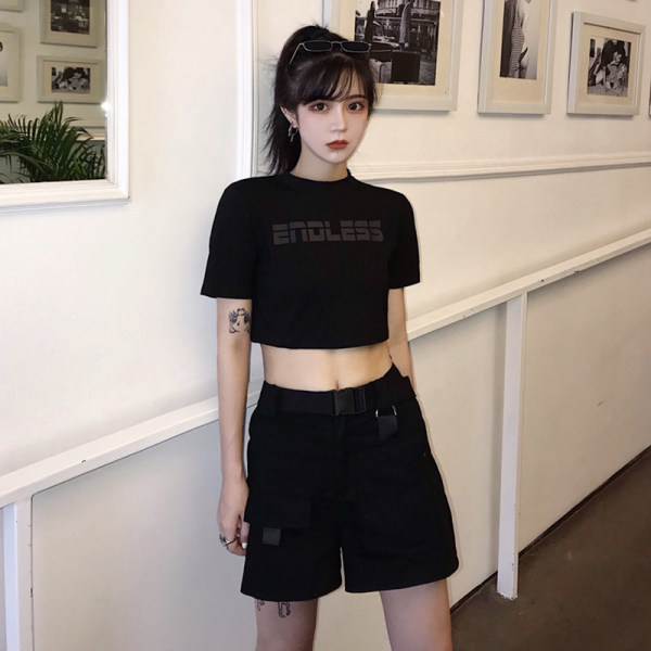 欧美爵士露脐装黑色紧身短款上衣女设计感泫雅风小心机短袖t恤女