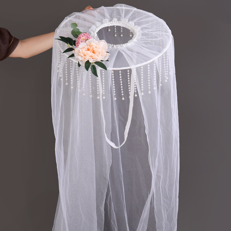 女侠汉服面纱拍照古装女士摄影笠帽古风斗笠带纱飘逸白色帷幕儿童