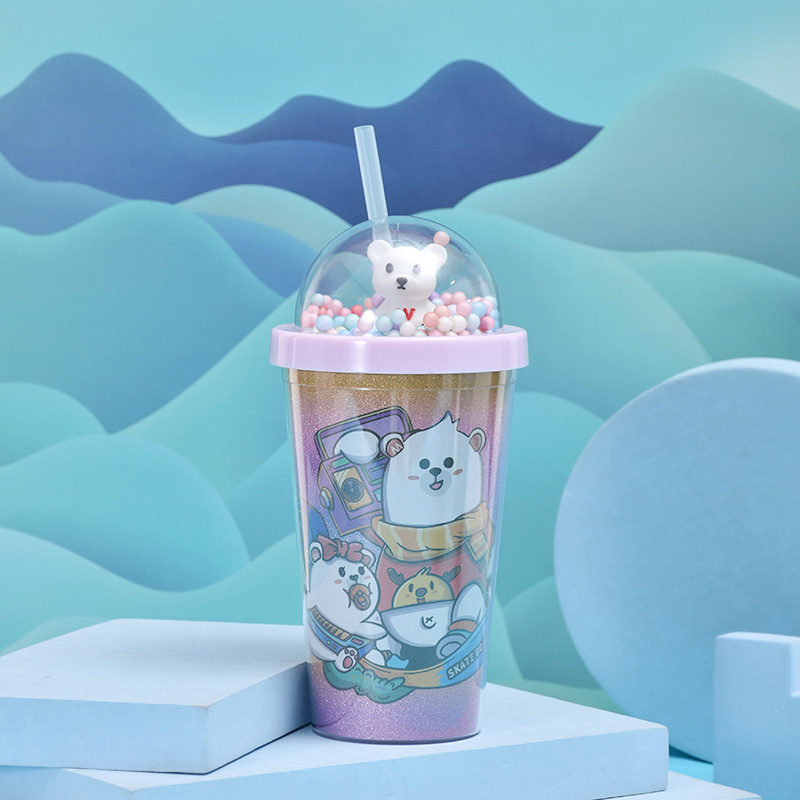 Cute Pet Cute Bear Children's Plastic Cup Outdoor Portable Men's and Women's Student Straw Cup Arc Cover Double Layer Gift Cup