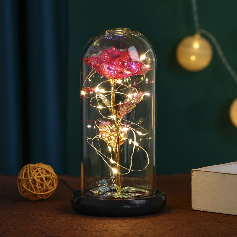 Preserved Fresh Flower Glass Cover Exclusive for Cross-Border Gold Foil Flower 24K Colored Gold Rose Luminous Led Decorative Gift Wholesale