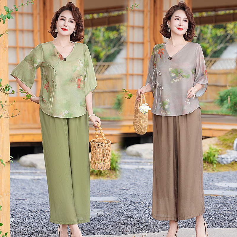 年轻妈妈套装夏季2024新款七分袖印花女装中老年夏装女时尚唐装女