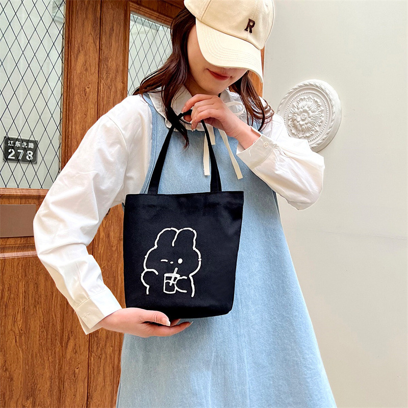 2023 New Canvas Handbag Trendy Simple Women's Bag Korean Cute Student Lunch Box Bento Embroidered Bucket Bag