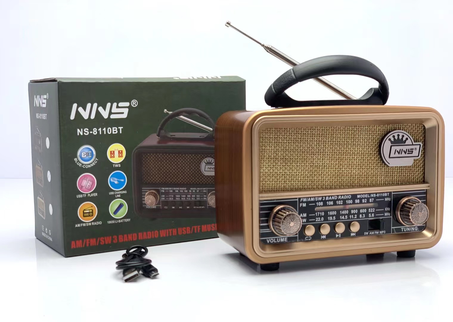 Cross-Border Ns8110 Wood Grain Retro Bluetooth Speaker Creative Portable FM Desktop Small Speaker Super Dynamic Bass Boost Gift