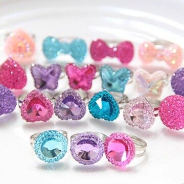 热卖儿童宝石戒指仿钻石水晶卡通指环生日礼物盒装女孩闪亮玩具潮