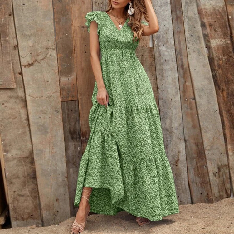 Cross-Border Amazon AliExpress 2023 New V-neck Printed Short Sleeve Waist-Controlled Long Dress Bohemian Dress for Women