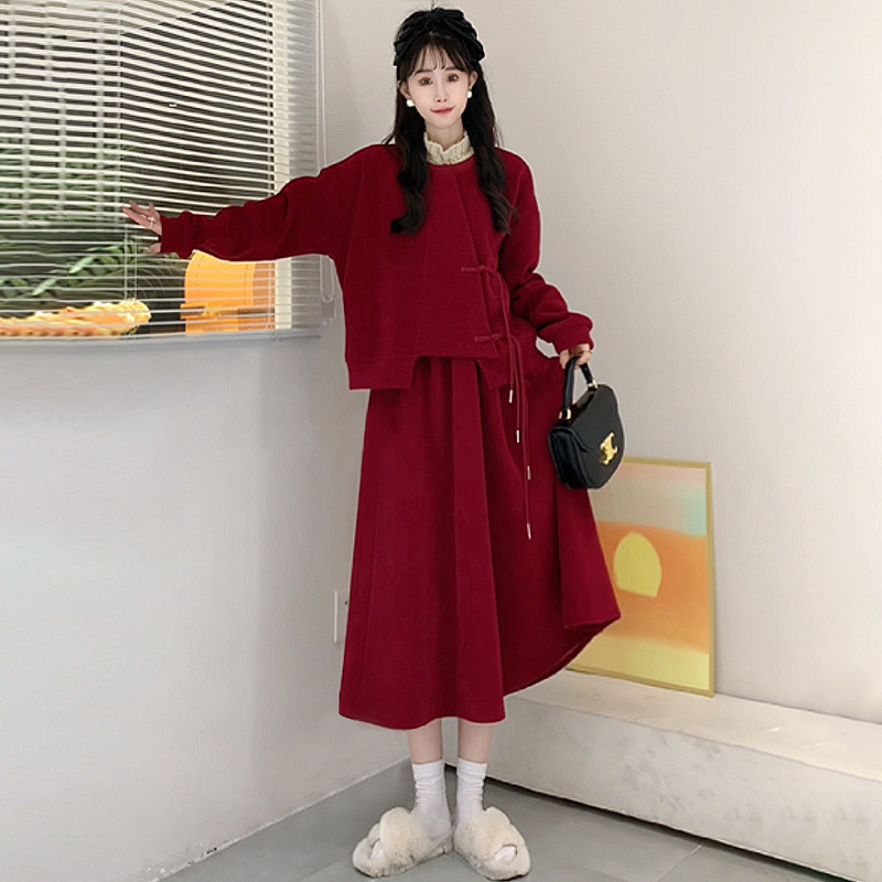 新中式国风红色连衣裙子女早春季新款小个子春装搭配一整套束