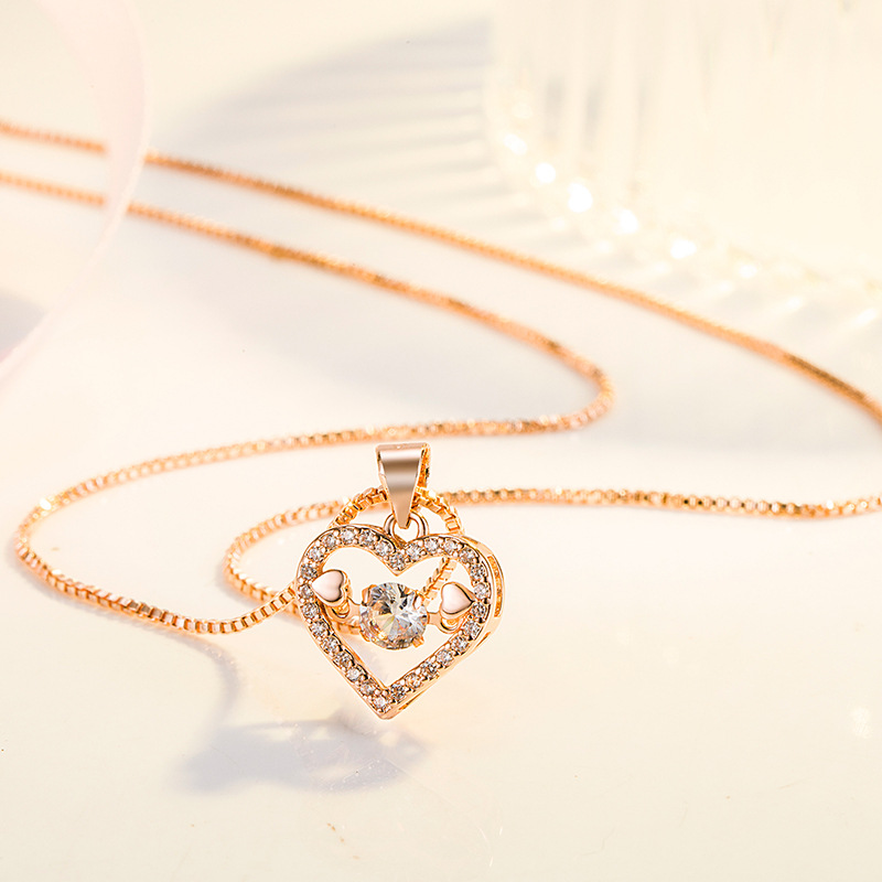 灵动爱之心吊坠银链子爱心形项链 镀k金镶闪动钻一心一意爱意吊坠