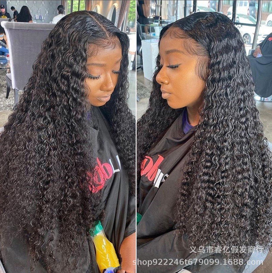 欧美假发亚马逊新品非洲小卷黑色中分假发女长卷发化纤头发套wigs