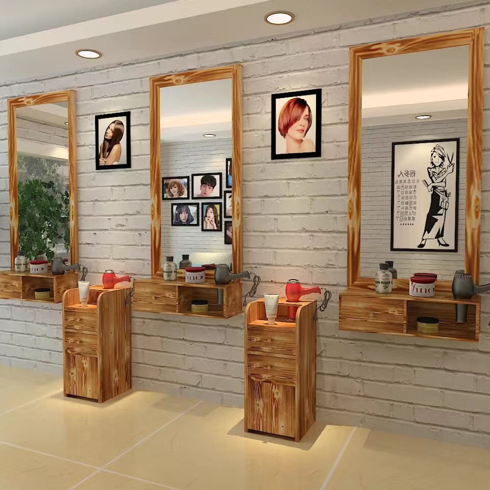 实木复古理发店镜子美发店镜台发廊专用挂墙试衣镜发廊镜台单面镜