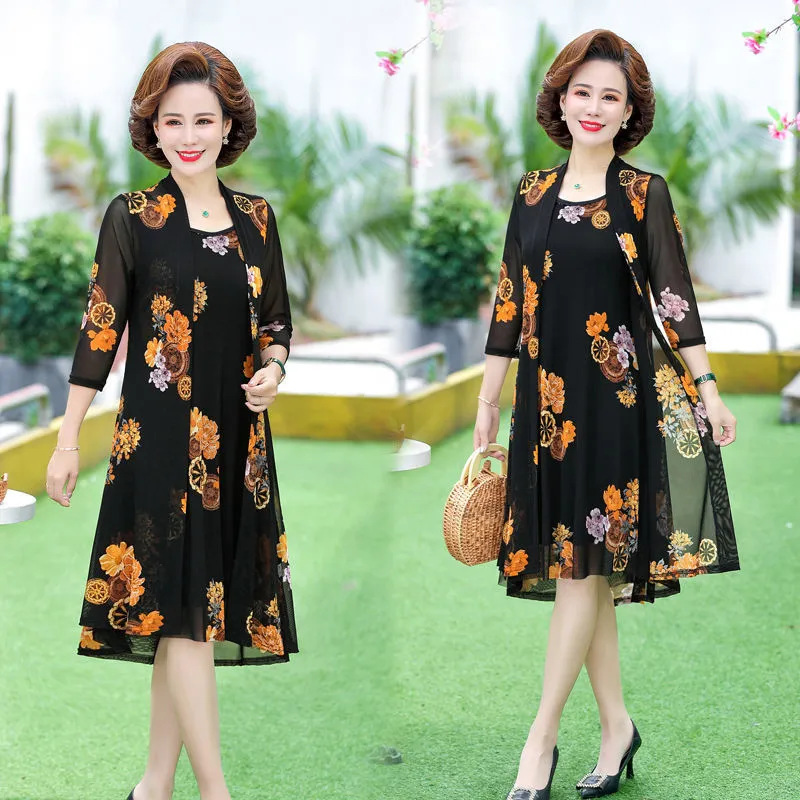 Middle-Aged Women Mom Spring and Autumn Suit Dress Summer Dress Middle-Aged and Elderly Wide Lady Two-Piece Dress Western Style 50-Year-Old 40