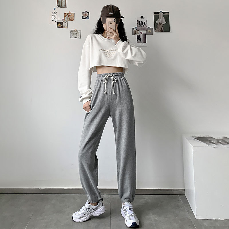 近晟灰色运动裤女秋款宽松束脚垂感哈伦裤ins潮显瘦休闲卫裤1836