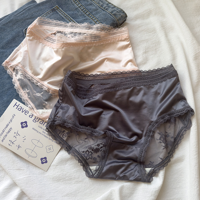 french satin textured back lace sexy ladies panties hip bow high-grade light luxury semi-transparent briefs