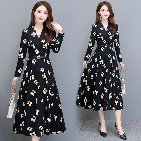 秋季新款印花连衣裙女2023年轻时尚收腰显瘦中年妈妈装中长款裙子夏装
