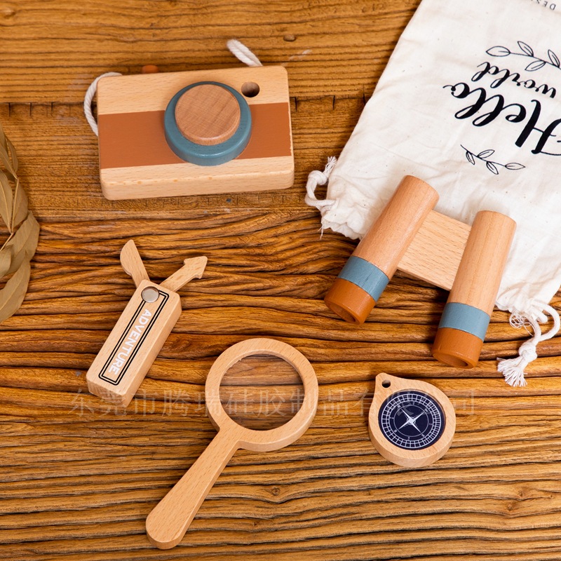 Children's Fun Outdoor Adventure Suit Wooden Telescope Compass Magnifier Camera Early Education Cognitive Toys