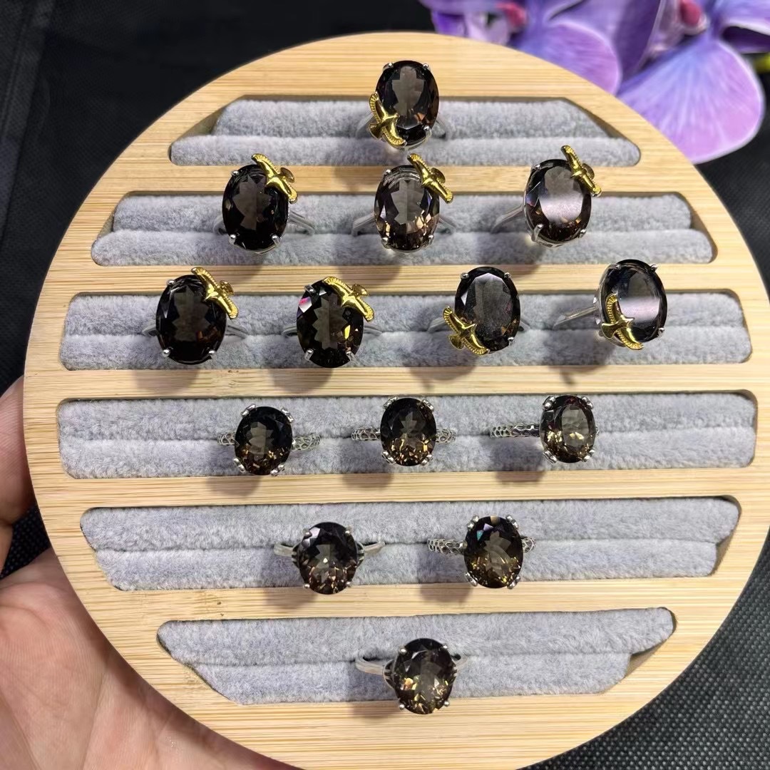 高质量925银治愈系爆款12-16mm天然茶晶戒指生日礼物送朋友-阿里巴巴