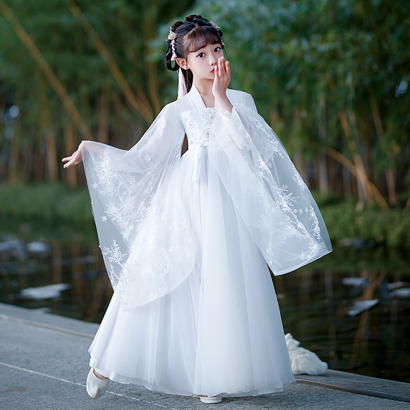 白色女童汉服2024儿童古装唐装襦裙小女孩超仙气古风广袖改良汉服