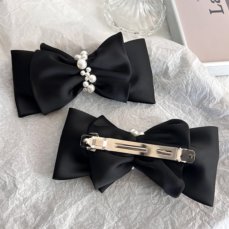 精致法式高级珍珠气质弹簧夹发卡黑色蝴蝶结顶夹发夹高档发饰