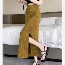 新中式国风复古A字半身裙女2024夏装新款显瘦中长款缎面飘逸长裙