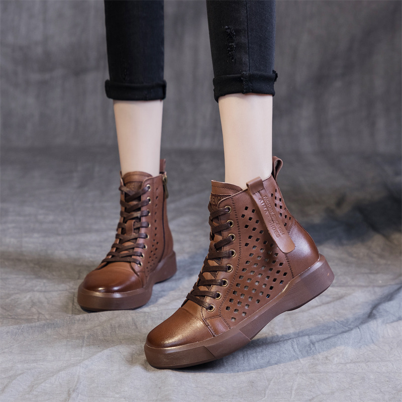 镂空靴子女头层牛皮2022春夏新款女靴厚底真皮女单靴平底马丁靴女